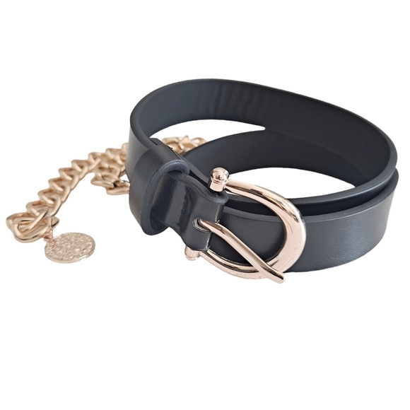 Womens edgy black Faux leather Y2K metal gold chain waist punk rock dress belt - Picture 14 of 17